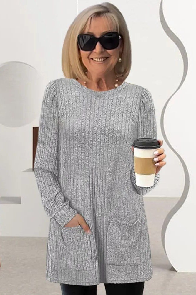 Gray ribbed sweater dress with pockets for women over 60