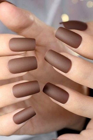 Matte chocolate brown long square nails in a rich solid fall color.