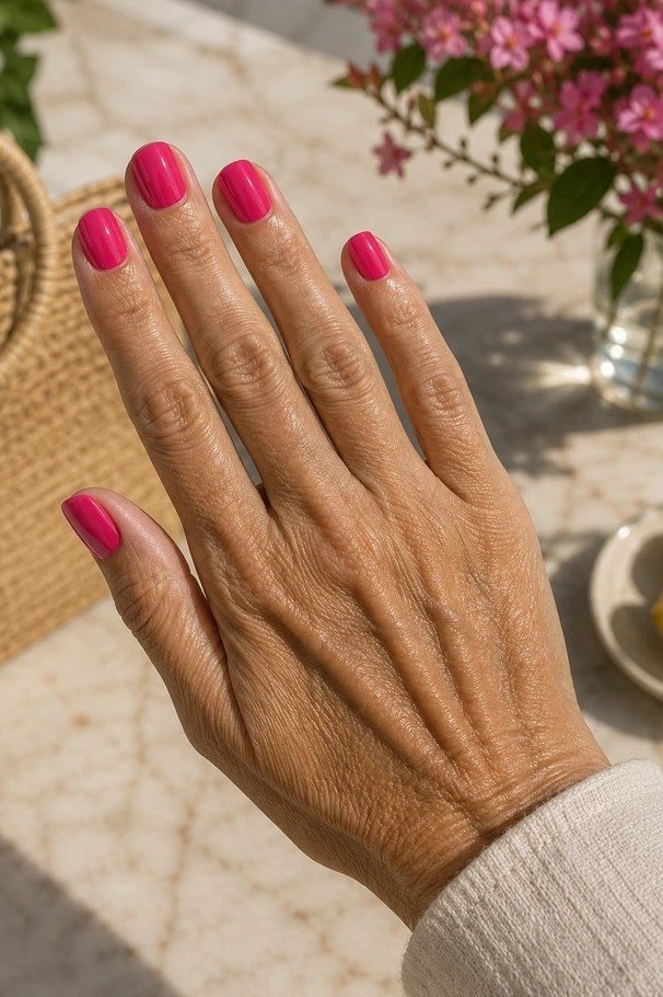 hot pink short nails on aged hands