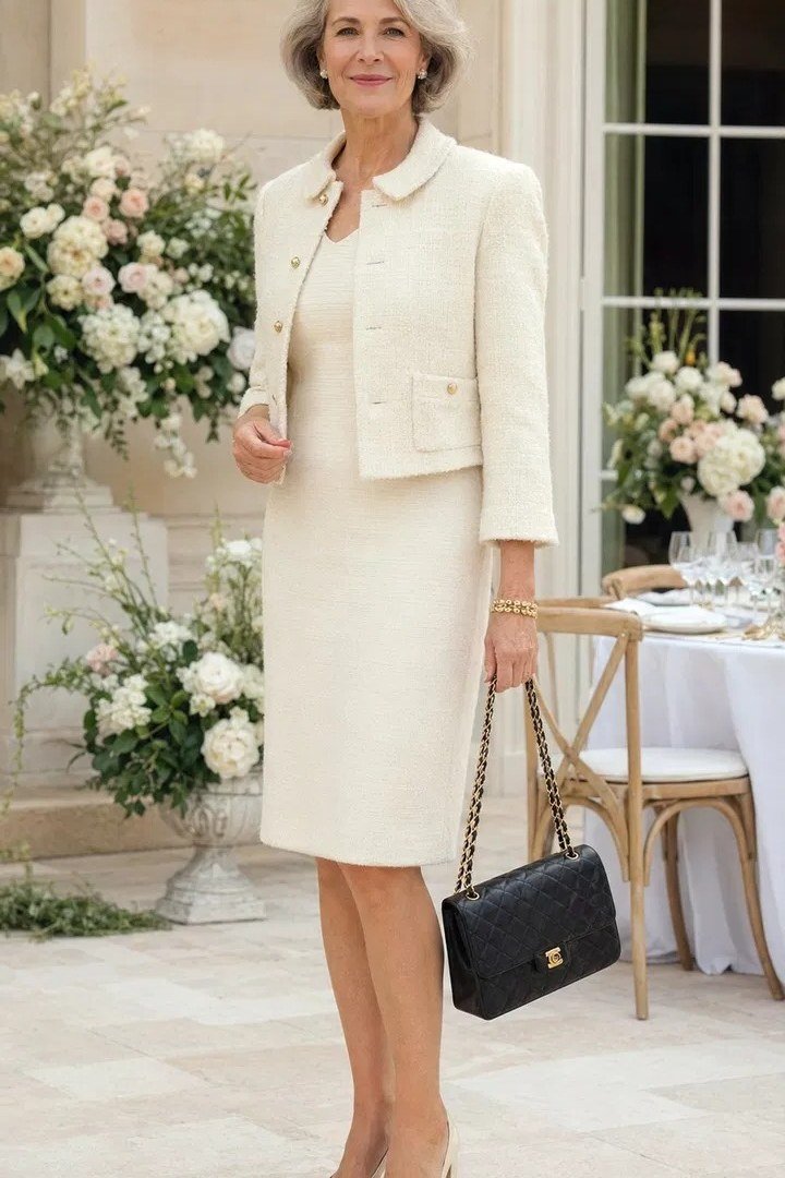 Effortlessly chic fall outfit for women over 60: cream skirt suit with quilted handbag