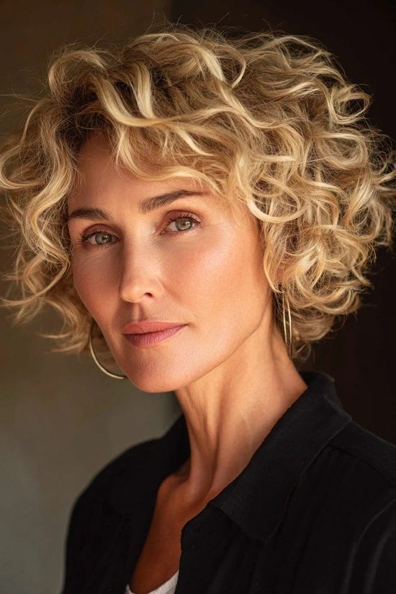 Golden blonde curly bob for women over 60