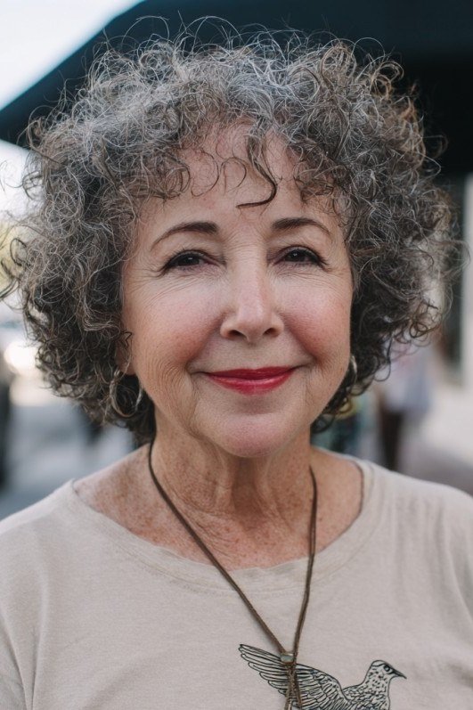 62. Gray Bouncy Curly Bob - wash and wear hairstyle for older women