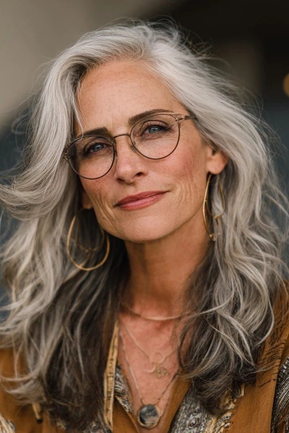 Long silver wavy hair for women over 50