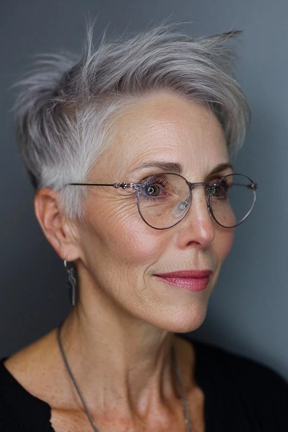 Silver pixie with glasses, three-quarter view, micro pixie cut for women over 60 going silver