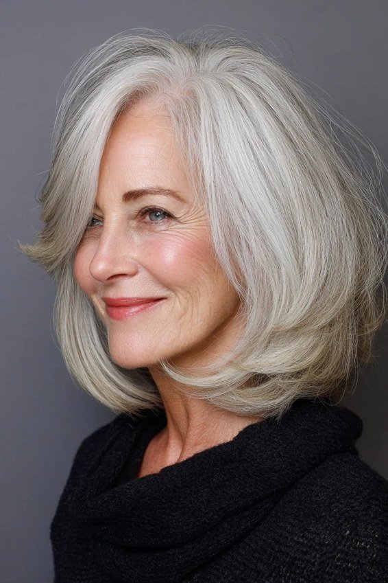 Crisp icy-white straight layered medium-length hairstyle, front side view, for women over 50
