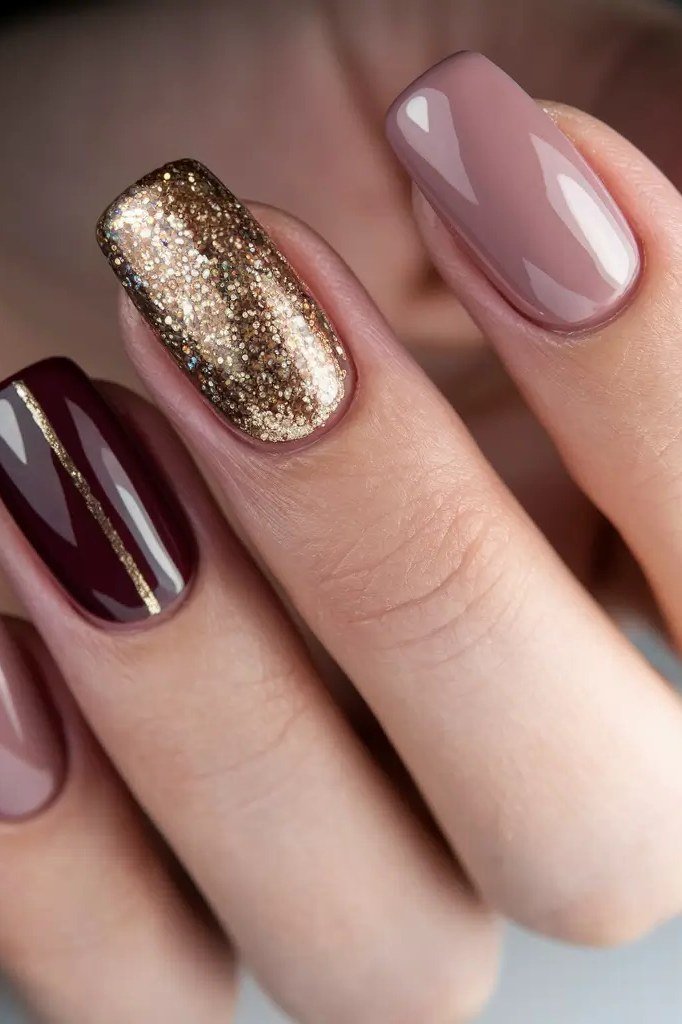 Mauve, Burgundy and Gold Mix nail design for women over 40