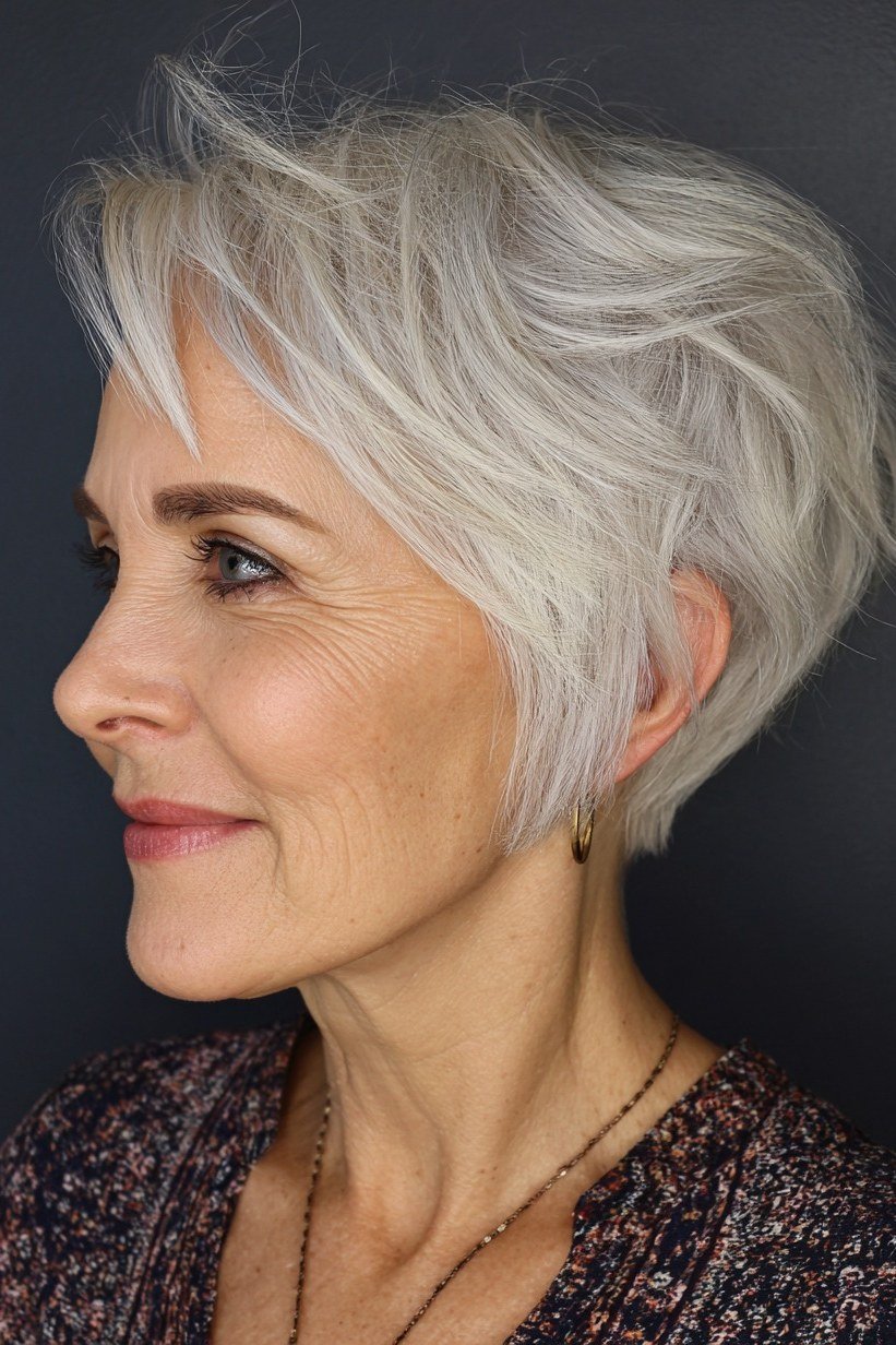 white airy textured pixie for women over 50 side view