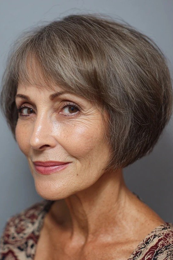 Brunette bob with bangs, front view, short layered bob hairstyle for women over 60