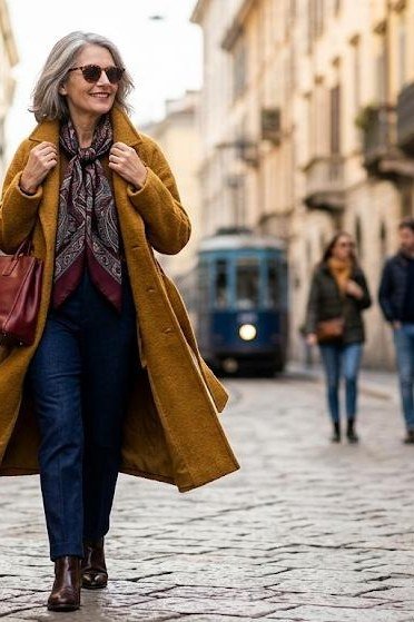 Mustard yellow coat fall outfit idea for women over 60