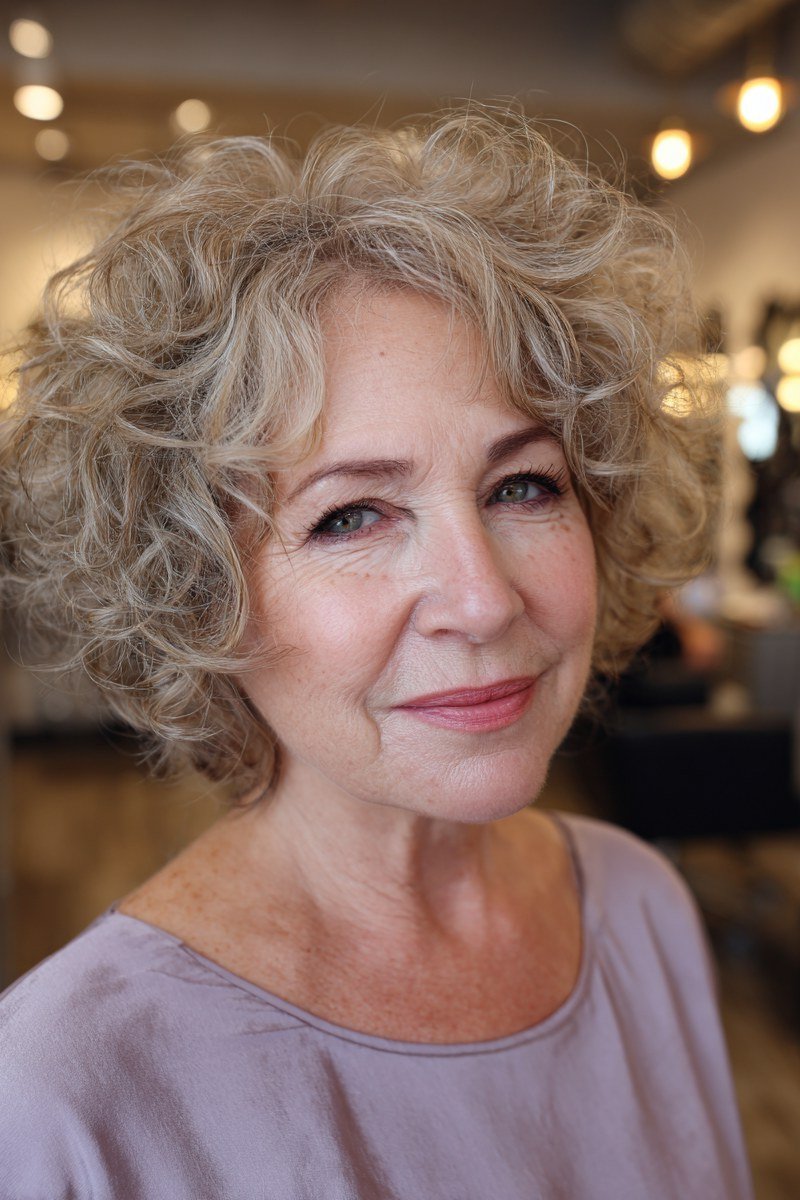 Curly silver shaggy layered bob, front view in salon, salon curled silver bob for women over 50