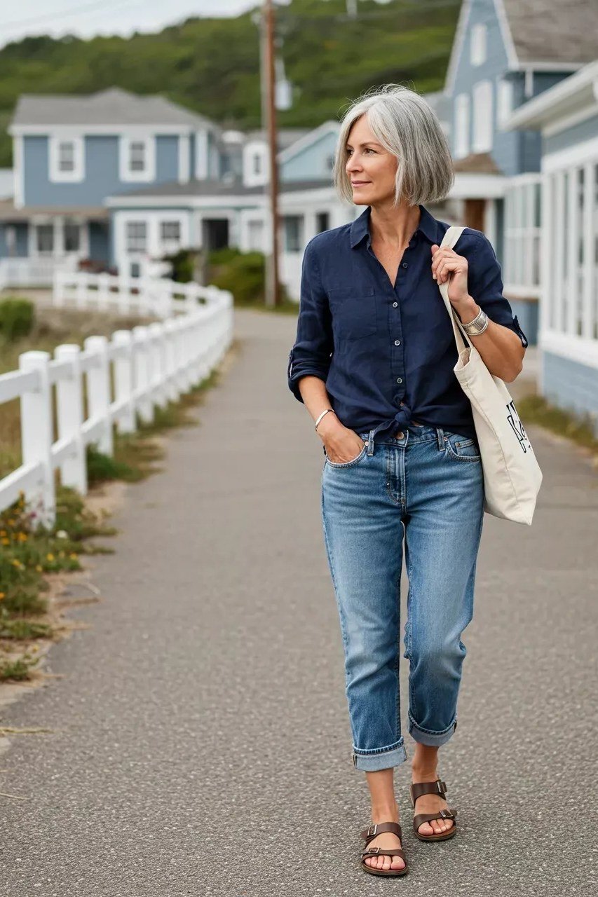 navy shirt cuffed jeans fall outfit women over 50