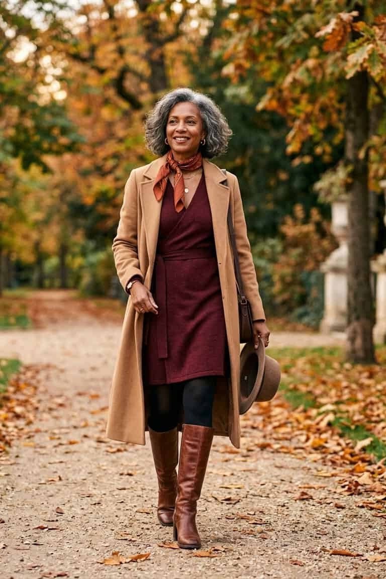 burgundy dress with camel coat and boots for women over 60