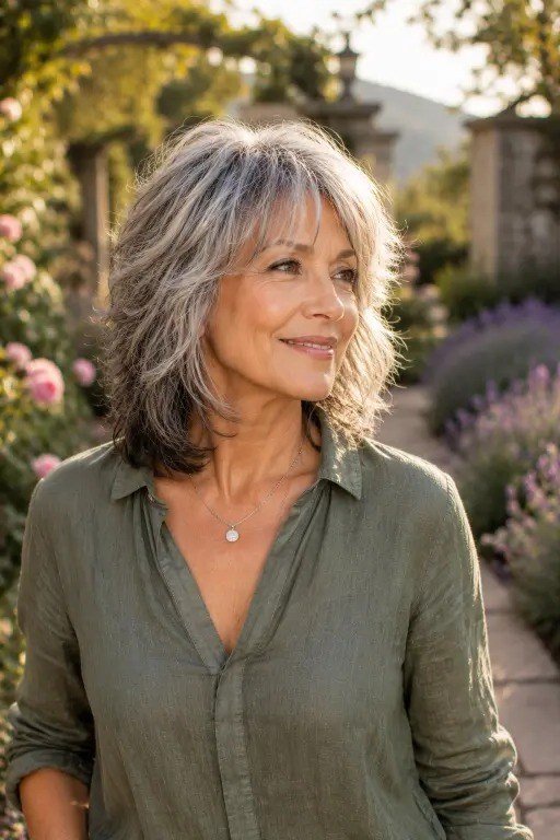 Natural grey shoulder length shag for women over 60