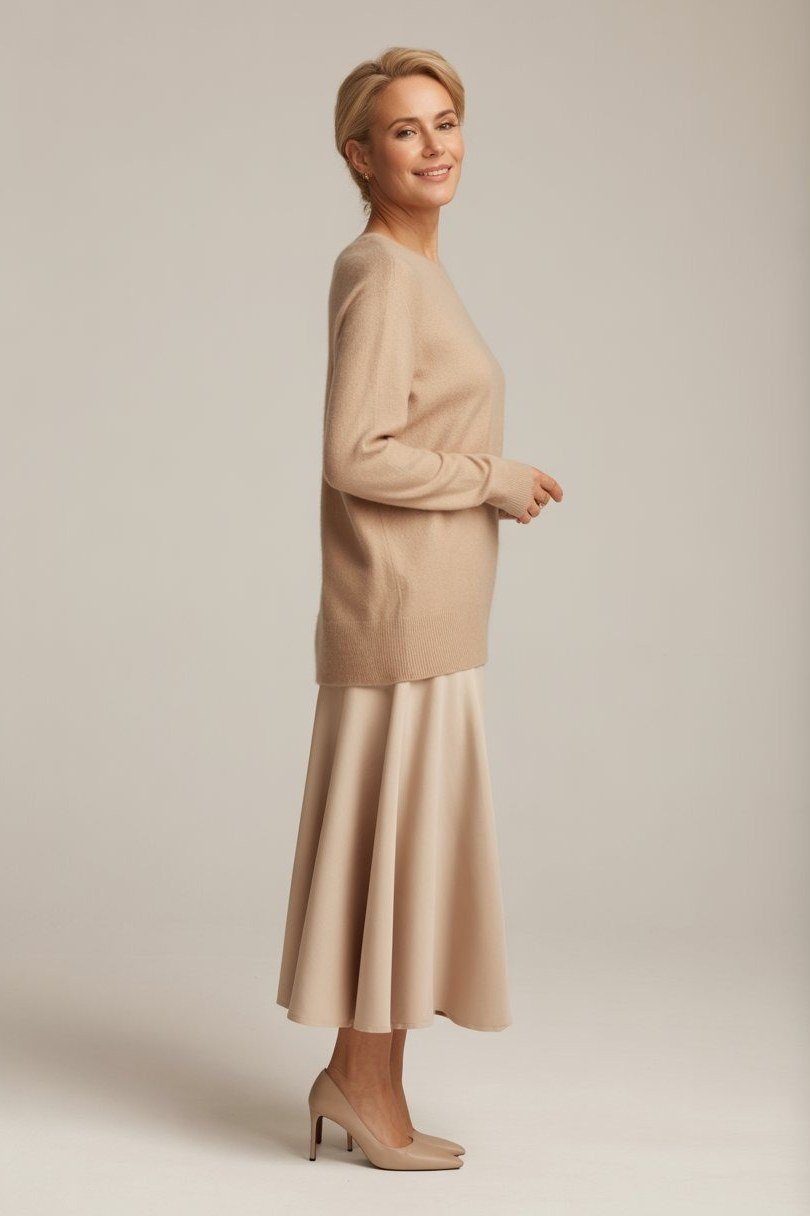 beige knit with beige midi skirt for women over 50