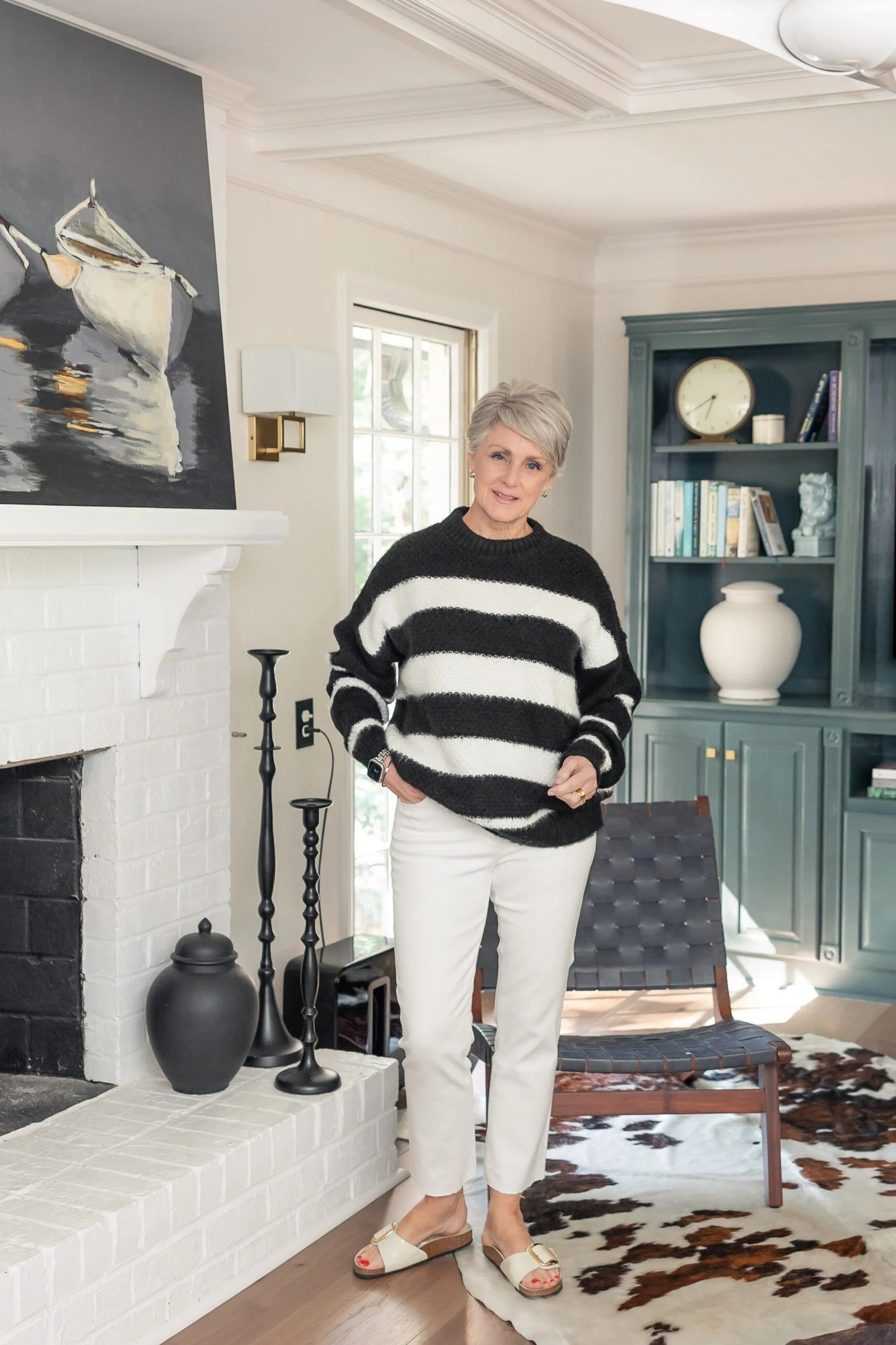 Casual fall outfit for women over 60: nude flats, silk scarf, blush sweater, grey jeans