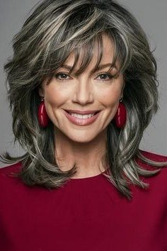 Grey layered lob, front view, smiling - wispy hairstyle for women over 40