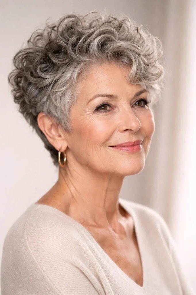 Soft silver curly pixie for women over 50