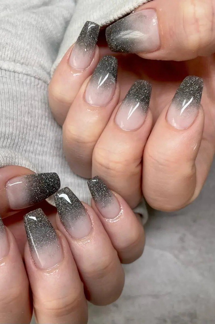 Black glitter ombre tips on short nails, ombre nail design for women over 60