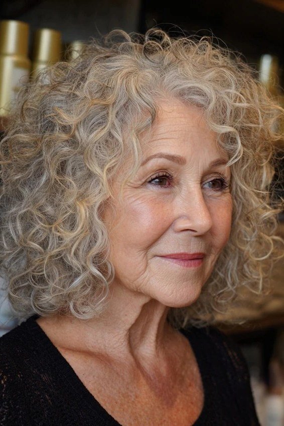Blonde-grey shoulder-length curly bob for mature women