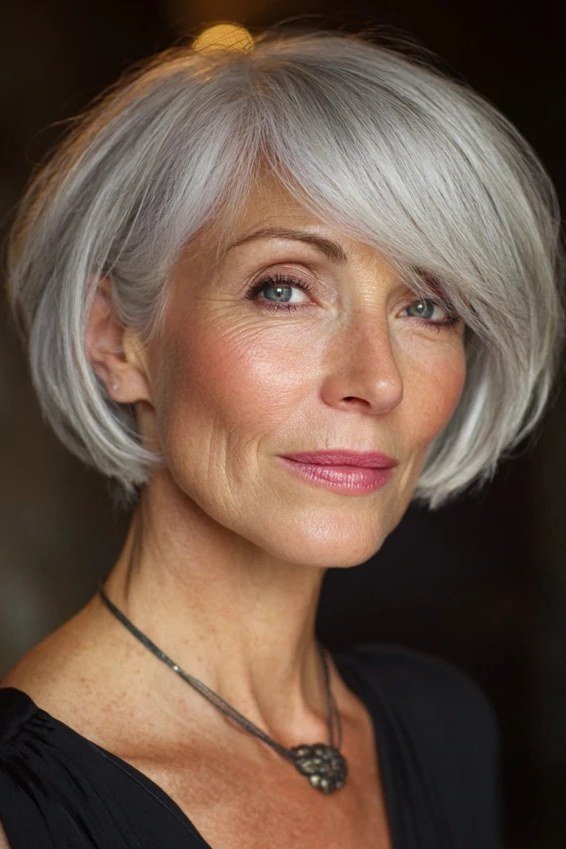Classic Silver Bob with Face Framing, chic bob haircut for women over 50