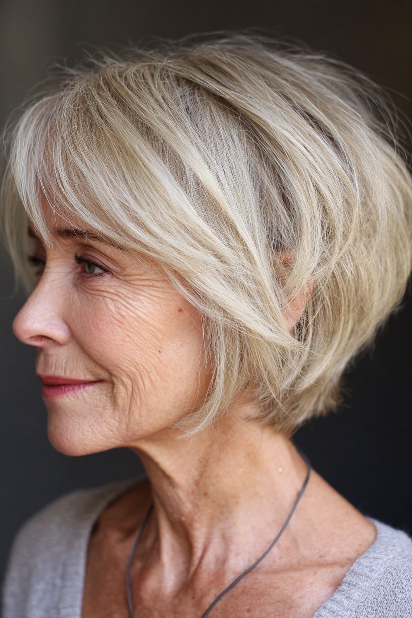 Choppy bob hairstyle for women over 60: blonde bob side grey top