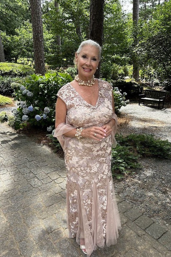 Blush Floral-Embroidered Lace Gown - evening outfit for women over 60