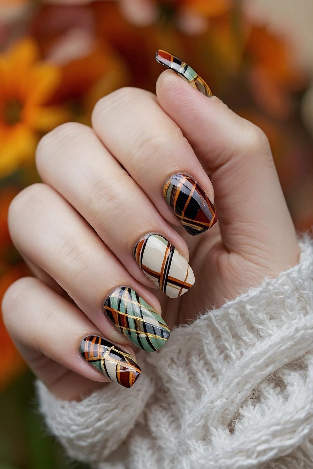 Plaid almond nails, fall nail design for women over 60