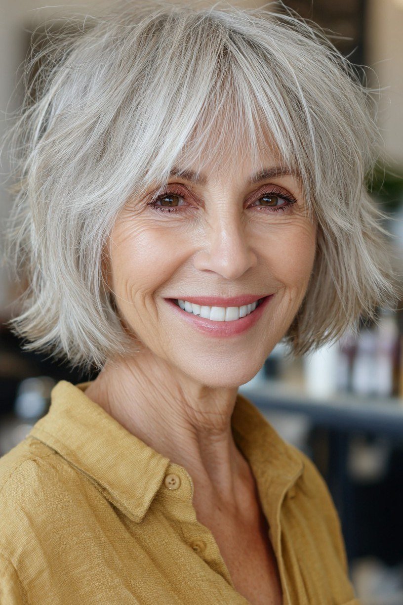 White Shag with Full Bangs - shaggy bob haircut for women over 60
