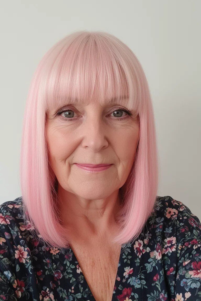 Light brown bob haircut for women over 70 with bangs, front view