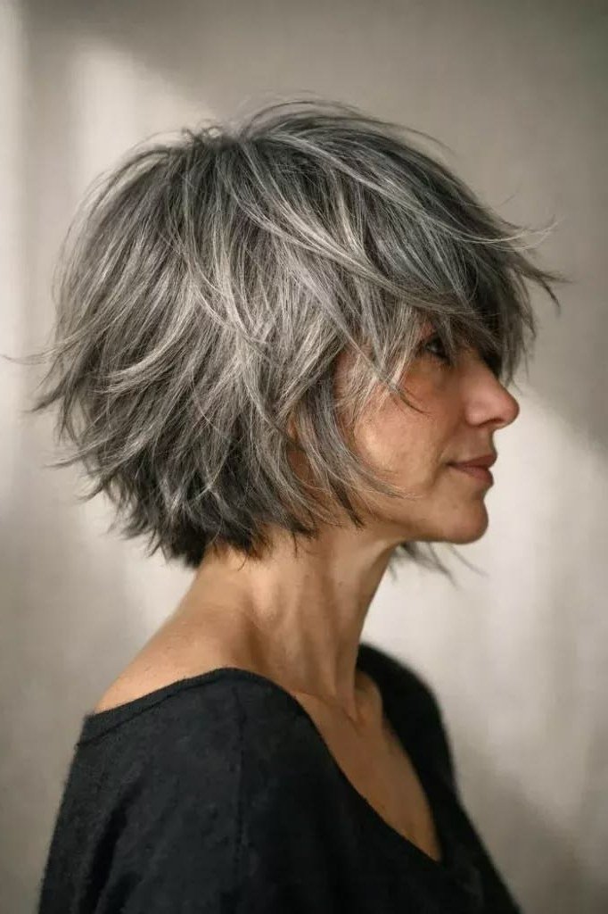 Choppy textured gray shaggy bob for women over 60, side profile