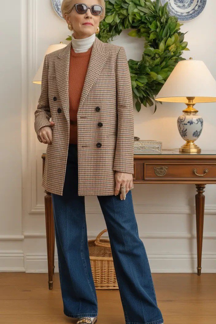 Older woman in brown houndstooth blazer rust turtleneck and dark jeans