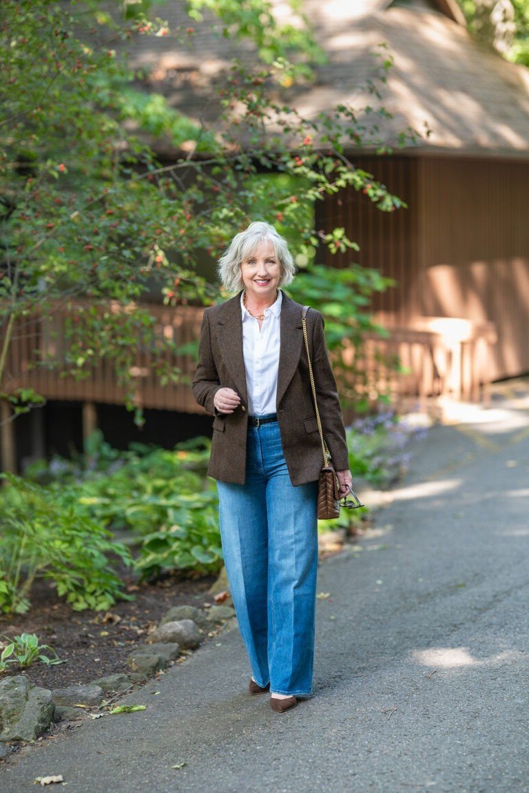 Brown blazer with white shirt and jeans for women over 60