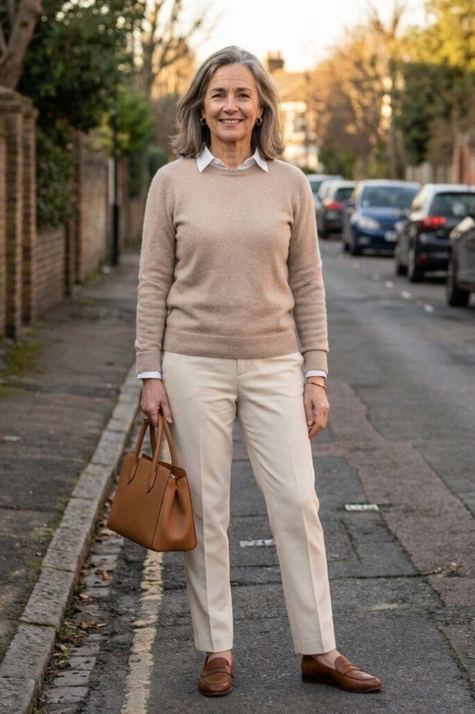 Beige knit sweater with off-white straight trousers for women over 50