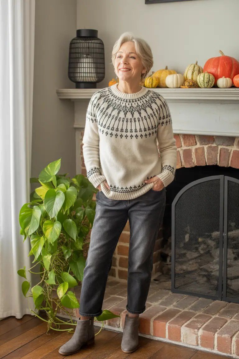 Easy casual outfit idea for women over 50: fair isle sweater and gray jeans, older woman everyday style