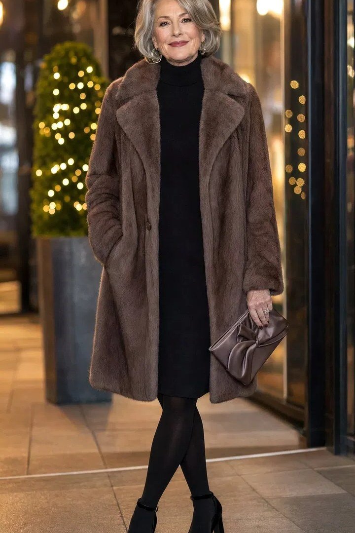 chocolate faux fur coat with black dress church outfit for women over 60