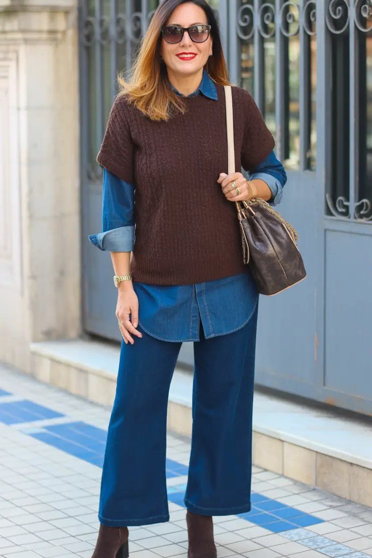 brown knit vest over a denim shirt fall outfit for women over 60