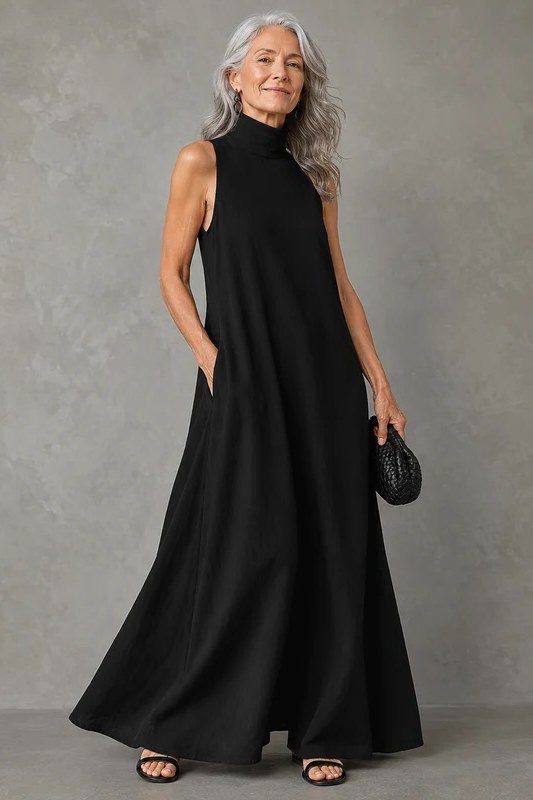Black mock-neck maxi dress for women over 50