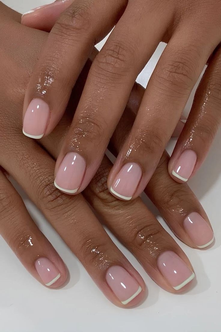 French with Gold Rings, Mature Hands - short French nails for women over 60