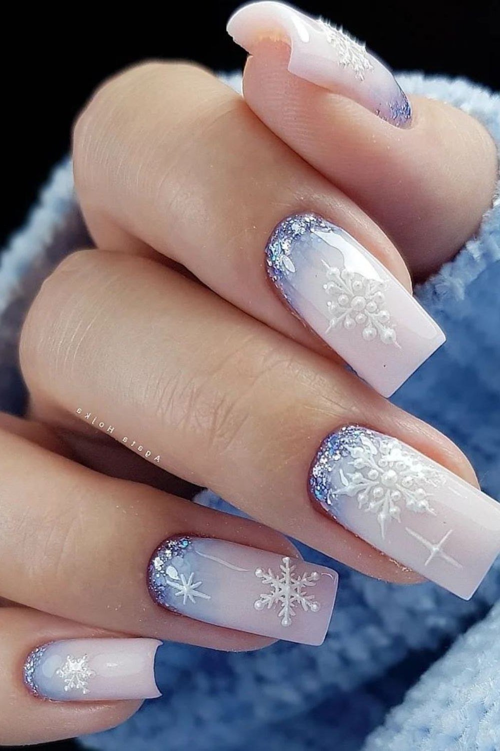 White Snowflake Ombre Coffin Nails - white snowflake ombre coffin, glitter winter nail design for women over 60