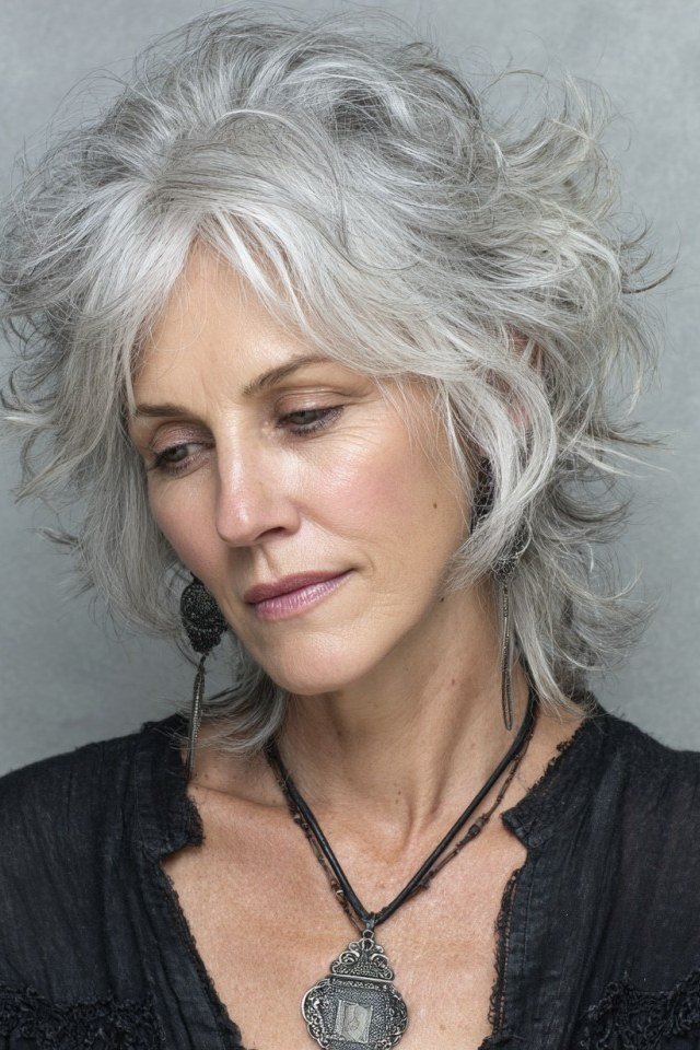 salt and pepper shaggy layers for older women, front view