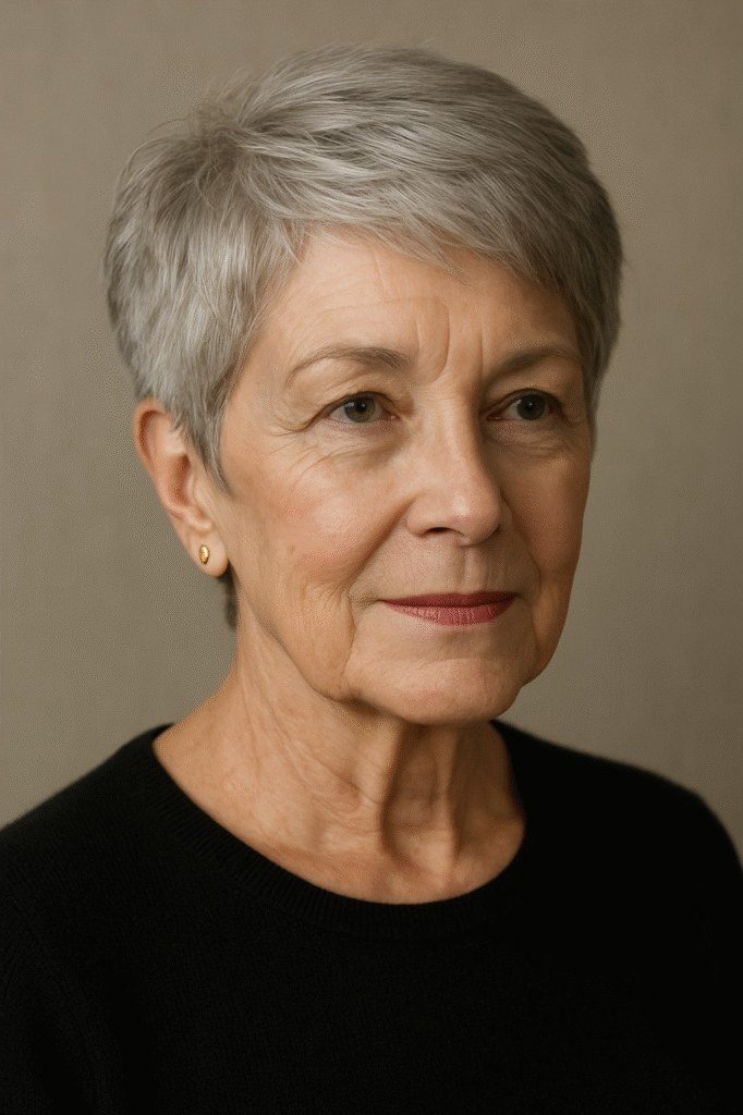 Short gray pixie, timeless hairstyle for women over 70