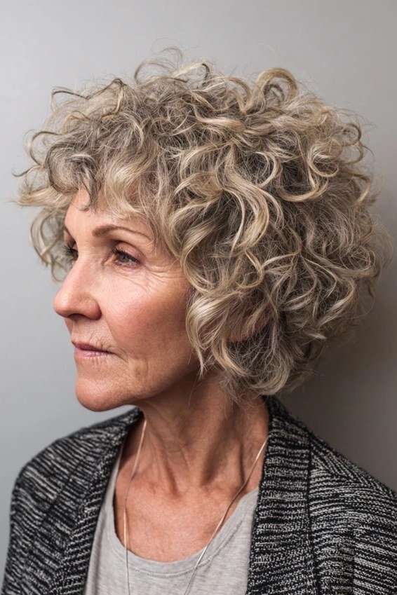 Salt-and-pepper curly bixie haircut front view for women over 60