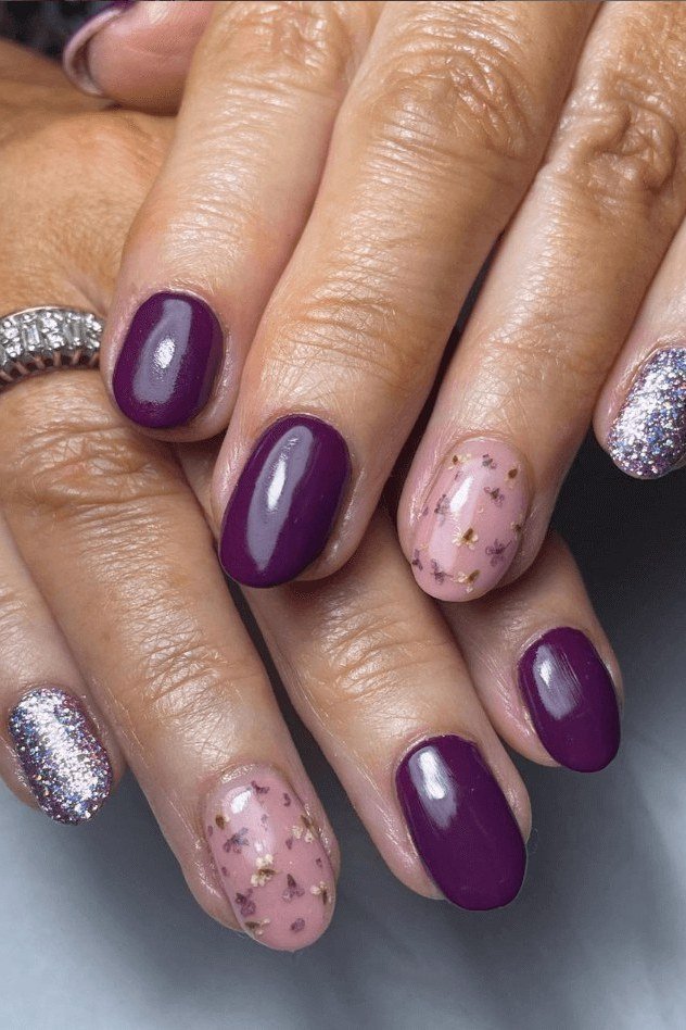 Deep Purple Nails with Glitter and Pink Accents, nail color idea for women over 60