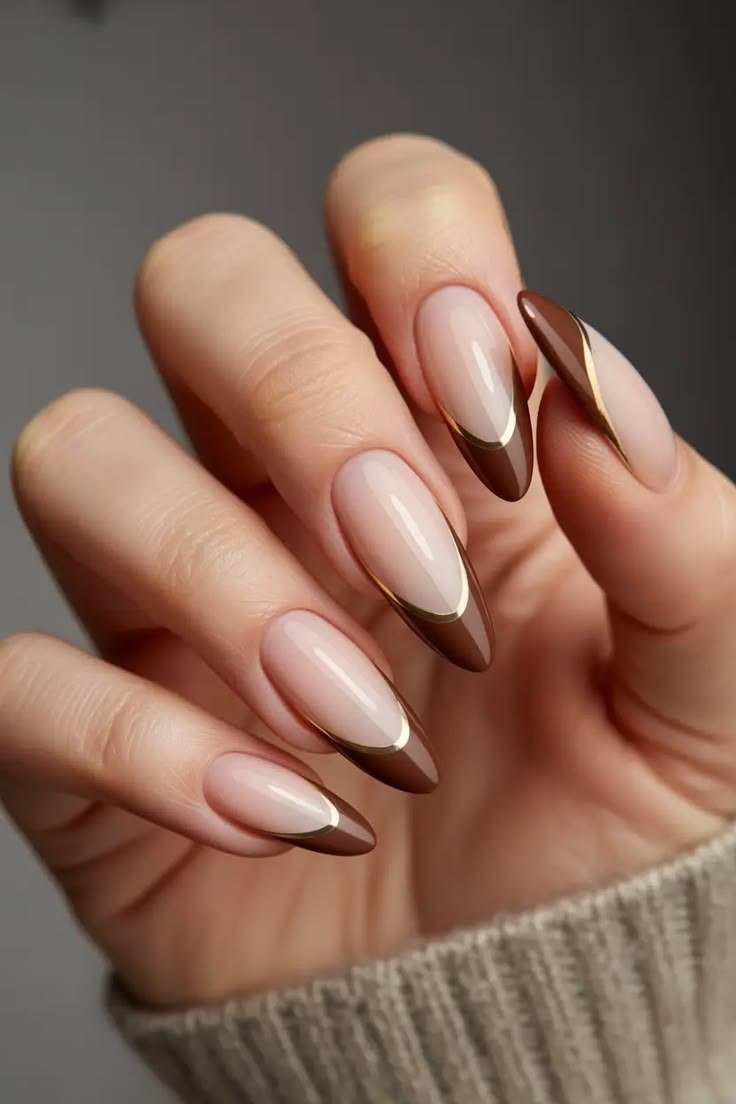 Brown French Tip Almond Nails with Sweater - brown nail idea for women over 50