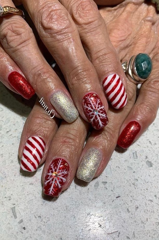 Red Candy Cane Christmas Nails - winter nail trend for older women over 70