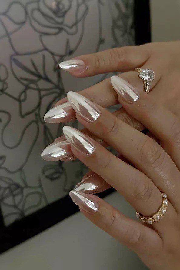 White Chrome Almond Nails with Rings - chrome nail designs for women over 60