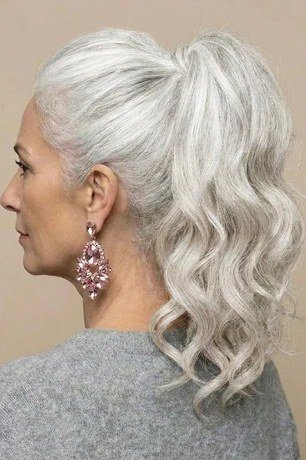 Long white curly high ponytail for women over 50