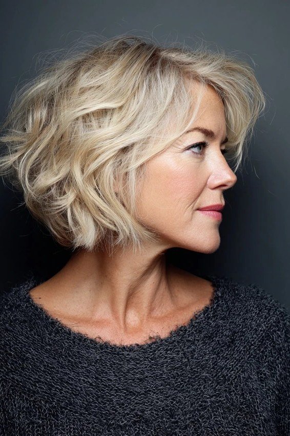 blonde wavy layered bob, side view — chin-length layered bob hairstyle for women over 50