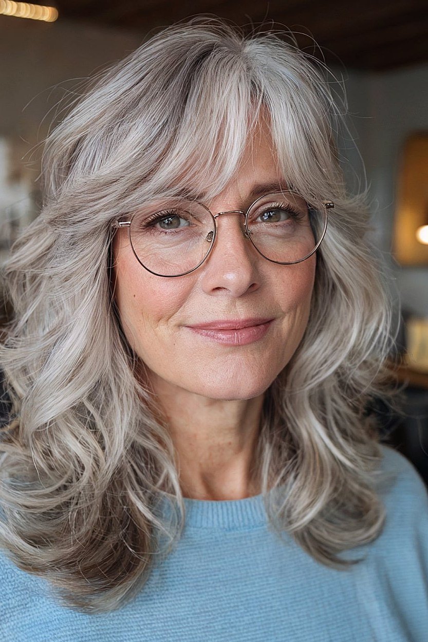 Silver-Grey Wavy Butterfly Cut with Glasses - butterfly cut hairstyle for women over 60