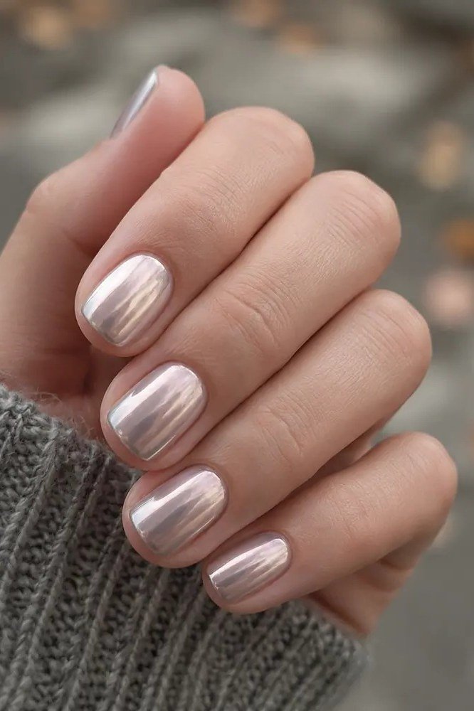 Pearl Champagne Chrome - short nail design for women over 60 that makes nails look longer